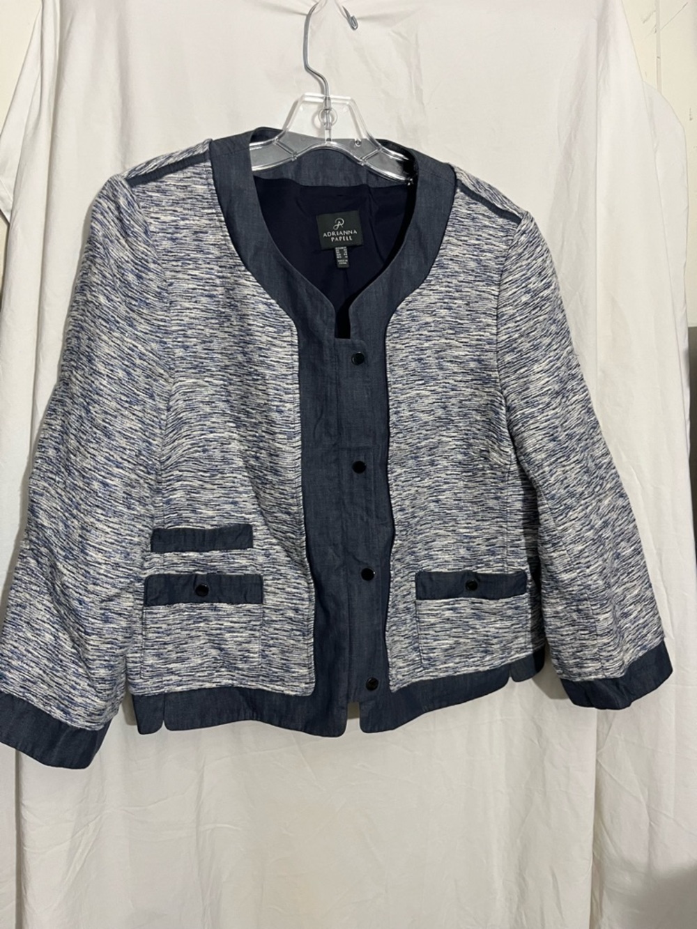 Adrianna Papell Navy and White Textured Cropped Blazer